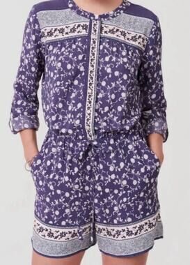 LOFT Blue White Floral Waist tie Romper with pockets XS